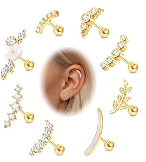 FIOROYAL 8 Stück 16G Helix Piercings Chirurgenstahl Ohrringe Set Blume Top Piercing Ohr CZ Knorpel Ohrstecker für Damen Helix Tragus Conch Piercing Gold