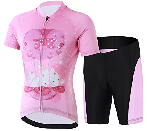 SXSHUN Kinder Jungen Radtrikot Mädchen Fahrrad Trikot Radhose mit Sitzpolster Kurzarm Radshirt Radsport Anzüge, Rosa(Kaninchen), 146