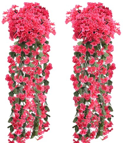 LOREC 2 Stück Kunstblumen Hängend Rose Rot 70CM Kunstblumen Veilchen Efeu Künstlich Künstliche Blumen Hängend Glyzinien Hängeblumen Künstlich Hängende Blumen für Garten Hochzeiten zu Hause