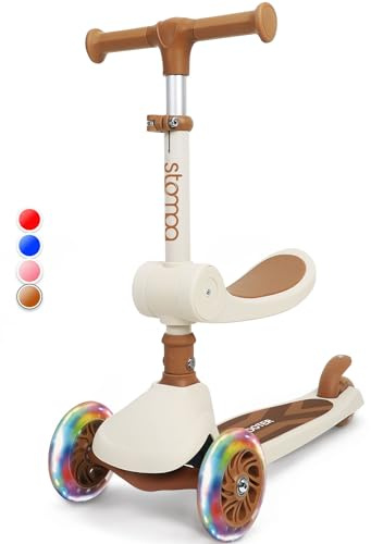Stompa Toddler Scooter 2-in-1 with Seat | 3 Wheel Kids Scooter for 2 Year Old Boy Girl | LED Light Up Wheels, Adjustable Height, Foldable, Lean to Steer, Max 50KG
