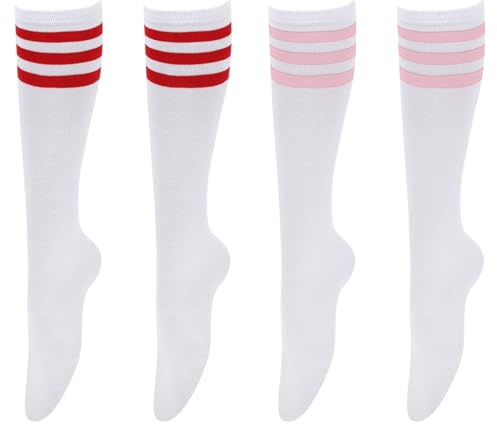 FUIPVGI 2 Paires Chaussettes Montantes Femme Chaussettes Hautes Femme Bas Longs Tubes Rayés Chaussettes Montantes Blanches Fille pour Sport Cosplay à Porter au Quotidien (2 couleurs)