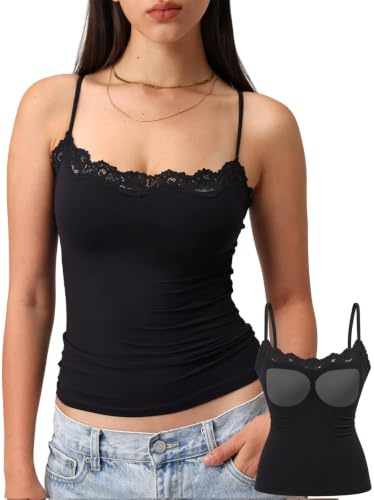 Starrylion Black Tank Tops with Built in Bras Square Neck Cute Lace Top M