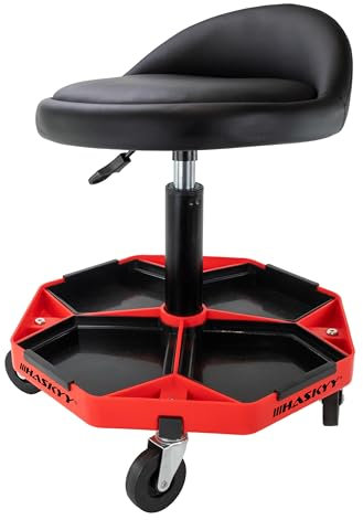 HASKYY Werkstatthocker mit Rückenlehne | Höhenverstellbar 43-58cm | Rollhocker bis 150kg belastbar | Werkstattsitz mit Ablagefächern | Praxis & Werkstatt Hocker mit 360° Rollen