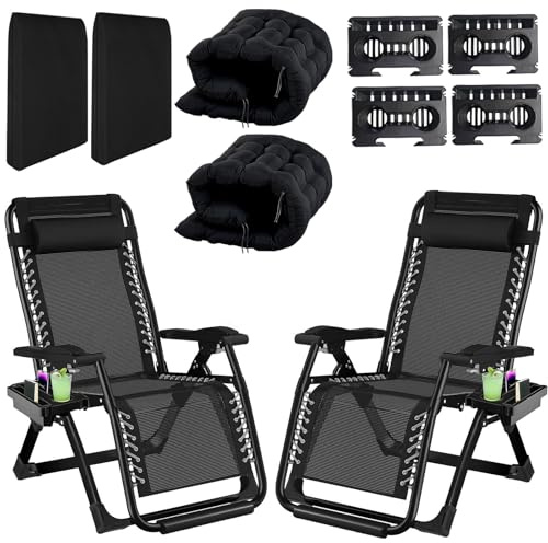 Fiutazge 2Pcs 65cm Largeur Bain de Soleil Chaise Longue Jardin Exterieur,Transat de Plage Pliable ave Rembourrage,Tête,Porte-Boisson,Dossier Réglable, Respirantes,pour Patio,Plage,Piscine-Noir