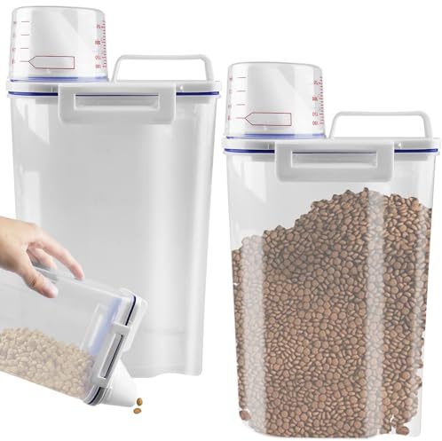 WANDGU Scatola portaoggetti con misurino: 2 pezzi, 2,5 l, dispenser ermetico in plastica con beccuccio, contenitore per cibo per gatti, contenitore per cibo secco, riso, farina, detersivo, cibo per