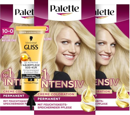 Palette Intensiv Creme Coloration 10-0/200 Helles Naturblond (3x 115 ml), permanente Haarfarbe für leuchtende, langanhaltende Farbbrillanz & SOS-Intensiv-Kur Oil Nutritive (15 ml) Haarkur