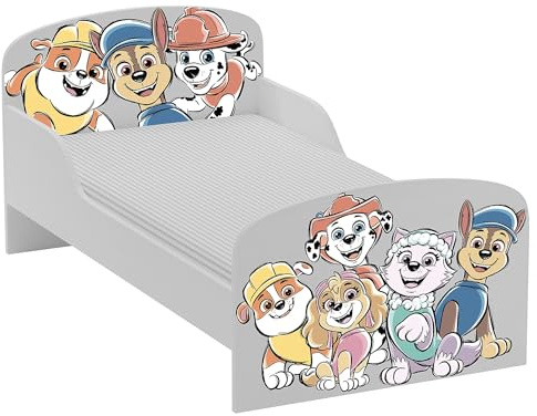 Leomark Paw Patrol barnsäng La Paw Patrol med Chase, Stella och deras vänner - lameller + madrass ingår, enkelsäng 70 x 140 cm optimal komfort och säker säkerhet!