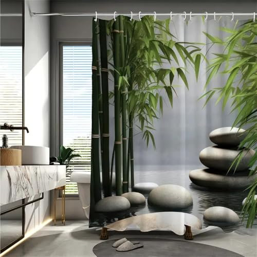 StarBlue-HGS Zen Garden Shower Curtain, Bamboo and Stone Design, Spa Theme Bathroom Decor Fabric Shower Curtain (120×180cm)
