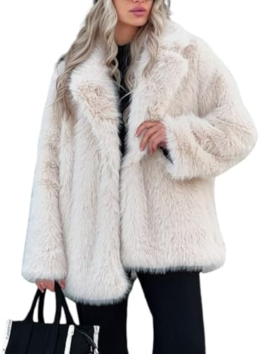 Arssm Women's Faux Fur Coat Long Sleeve Fluffy Jacket Open Front Furry Winter Warm Lapel Shaggy Coat Outwear(Beige-M)
