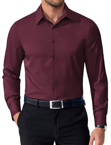 COOFANDY Men's Business Dress Shirts Wrinkle Free Long Sleeve Regular Fit Dress Shirt Casual Button Down Shirts Wine Red