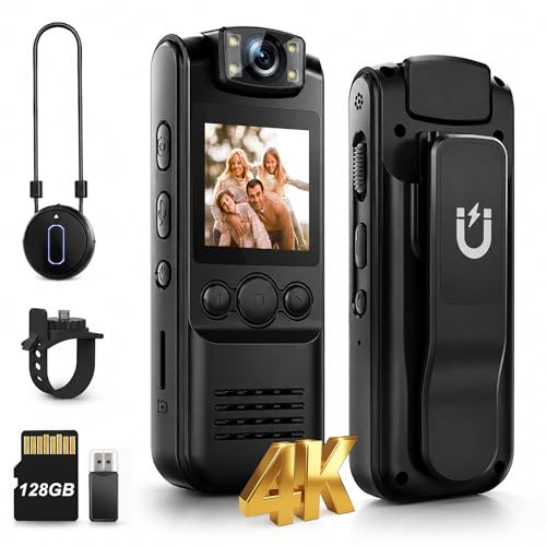 SixBondsCam Fotocamera 4K con registrazione audio video, mini fotocamera portatile da 128 GB con cordino magnetico, fotocamera per il corpo per viaggi, ciclismo, sicurezza sul lavoro, polizia