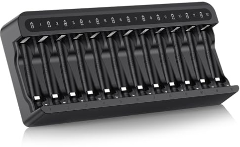 POWEROWL 12-slot Battery Charger for AA AAA Rechargeable Batteries, Type C Input 5V 2A Fast Charging, Individual Ni-MH Rechargeable Battery Charger