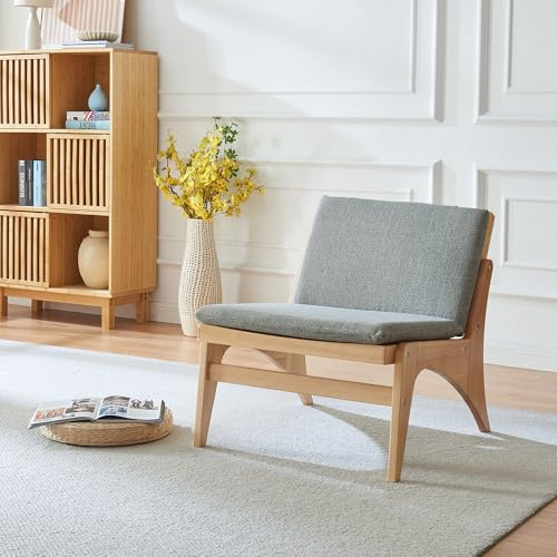 Panana Modern Wooden Lounge Chair, Armless Wood Frame with PE Rattan Seat & Backrest, Grey Padded Cushion Occasional Tub Chair Home Furniture (Natural Chair with Light Grey Pad)