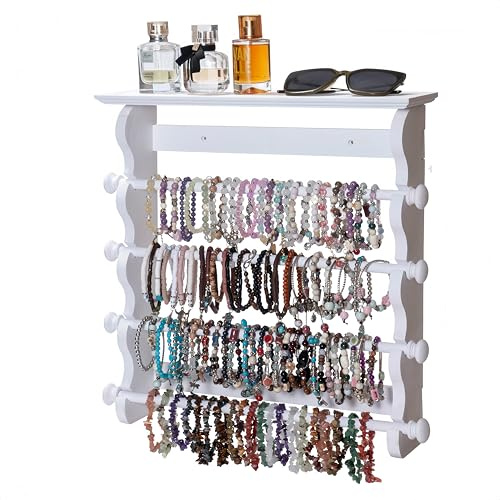 4-Tier Wall-Mounted Wooden Bracelet Holder – Elegant White Jewelry Display Rack with Top Shelf for Perfume, Sunglasses & Accessories – Hanging Organizer for Bracelets, Bangles, Watches & Necklaces