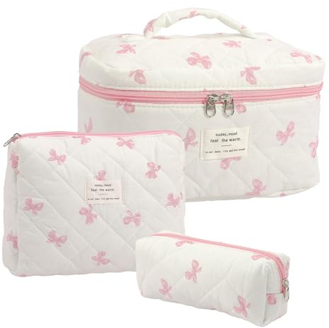 Set da 3 pezzi Borsa da Toilette Trapuntata, Beauty Case da Viaggio, Make Up Bag – Perfetto per Viaggi Brevi, Uso Quotidiano, Palestra o per Trasportare Cosmetici e Prodotti Cura (Farfalla Rosa)