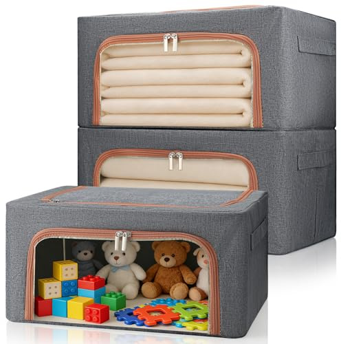 Micvtve 3 Pack Clothes Storage Boxes, Folding Stackable Fabric Home Storage Boxes with Steel Frames for Storing Bedding,Blankets 24L (Grey)