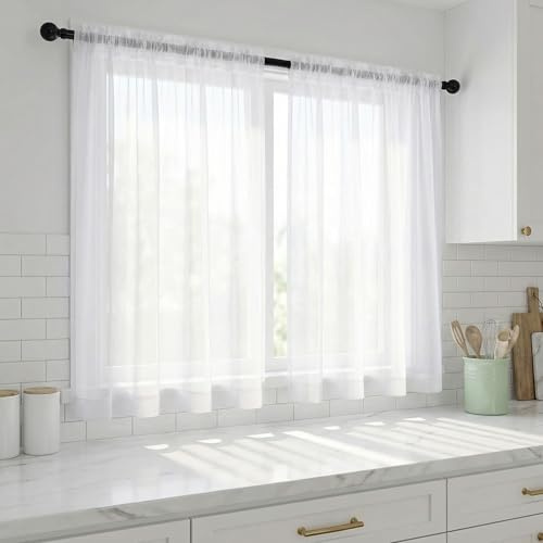 HSDLEWJ Net Curtains, Short Linen Look Curtains, White, W 60 x H 45 cm, Bistro Curtain, White Window Curtain, Half Kitchen Curtains, Window Curtain for Small Windows, Kitchen, Living Room
