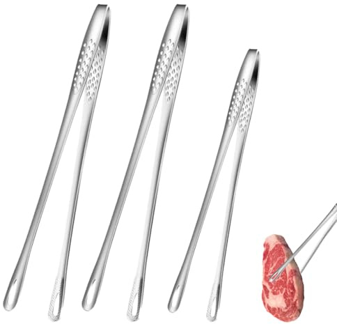 3 Piezas Pinzas Cocina Acero Inoxidable (28 cm x 2 + 24 cm x 1), Antidérapant Pinzas de Cocinar Finas con Puntas Redondeadas y Orificios para Escurrir la Grasa, Adecuadas para Asar, Emplatar y Hornear