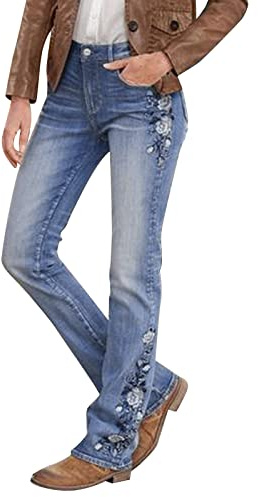 Jean femme large et élastique droit taille haute avec broderies fleurs Push Up Pantalon Skinny classique avec poches Pantalon jean élégant vintage décontracté confortable