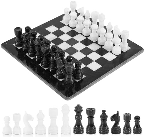 Radicaln Set di scacchi in marmo da 30,5 cm, in bianco e nero, fatti a mano, 1 tavolo e 32 figure, giochi da tavolo per 2 giocatori