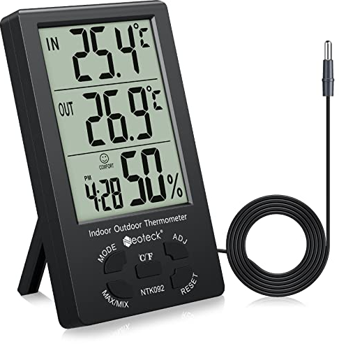 Neoteck Thermometer Hygrometer LCD Digital Indoor Outdoor Hygrometer Humidity Thermometer Temperature Meter Min/Max Value 1.5m Sensor Wire for Management of Air Conditioning Office Hotel Room Black