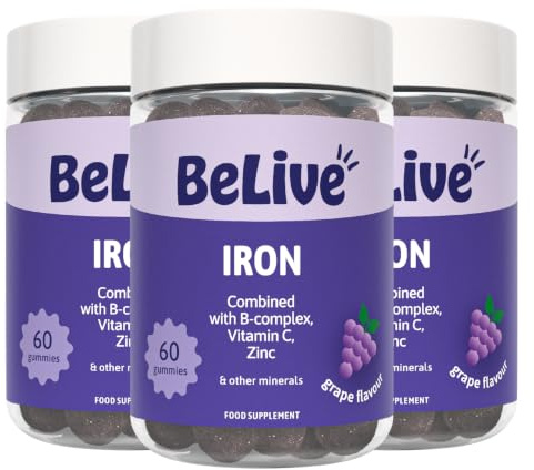 Iron Gummies Supplement with Vitamin C, A, Vitamins B Complex, Folate, Multivitamins for Women, Kids & Adults - Supports Energy, No After Taste, Vegan Supplements - Grape Flavor (180 Ct) (3 Pack)