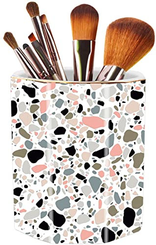 LEAZUL Stifthalter, Make-up-Pinselhalter, Keramik, glänzend, goldfarben, Terrazzo, Marmor-Steinmuster, Bleistiftbecher für Mädchen, Kinder, Frauen, langlebig, Ständer, Zuhause, rosa