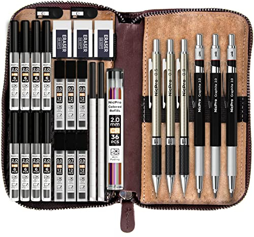 Nicpro 30 Stück Kunst Druckbleistifte Set mit Ledertasche, Metall Bleistifte 0,5, 0,7, 0,9, 2 mm mit 16 Tuben (6B 4B 2B HB 2H 4H CR) Minen (Schwarz und Farben) für Skizzieren, Zeichnen