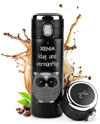 Maverton Thermobecher Kaffeebecher mit Gravur 400 ml - Trinkflasche Auslaufsicher 100% dicht - Thermo Trinkflasche mit LED-Temperaturanzeige - Travel Mug Geschenk für Frauen - schwarz - Eule
