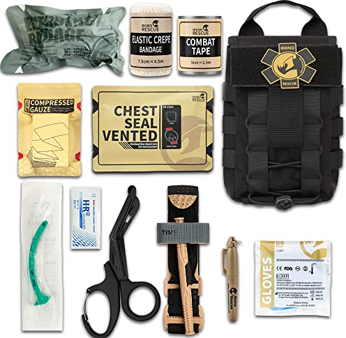 RHINO RESCUE IFAK Trauma Kit Schwarz, Molle Notfall Erste Hilfe, EMT Tactical Pouch Military Combat Camping Survival Wandern Everyday Carry Blutungskontrolle (Schwarz)