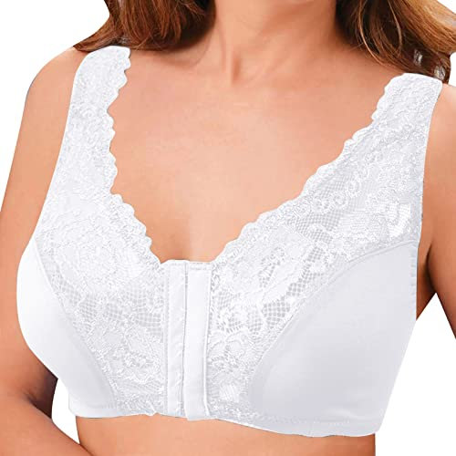 HOOUDO Women's Front Fastening Bra Cotton Plus Size Minimizer Push Up Non Wired Bralettes Comfortable Soft T Shirt Bra for Elderly Ladies White