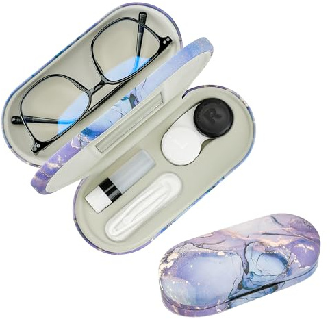 Zettokete 2 in 1 Contact Lens and Glasses Case,Double Sided Dual Use Design with Mirror, Tweezer and Contact Lens Solution Bottle,Portable Soak Storage Kit for Travel,Office(Purple Marble)