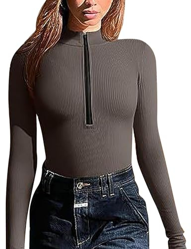 MJGkhiy Body de mujer de manga larga cuello V/cuello alto Bodysuit Casual ajustado Body Suits Suave Shapewear Tops Elástico Blusas Camisas Chándales Jumpsuits T-Shirt Ropa Ofertas, marrón, L