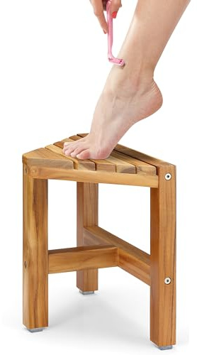 PERFNIQUE Taburete de ducha de teca, banco de ducha de teca, taburete de ducha de esquina de 12 pulgadas para afeitarse las piernas, reposapiés de spa para ducha interior, taburete organizador de teca