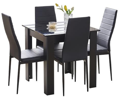 Rainbow Tree Modern 5 Piece Dining Room Table and Chairs Set, Wooden Square Table with 4 Chairs for Small Space Apartment Space Saving (Black Table+4 Black PU Chair)
