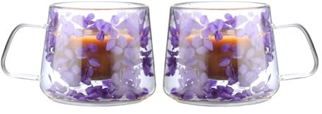 LeKuni Paquete de 2 vasos de café con leche macchiato, vasos de doble pared de 200 ml con flores secas, tazas de espresso, vasos térmicos, tazas de capuchino, para té, café, té helado, americano