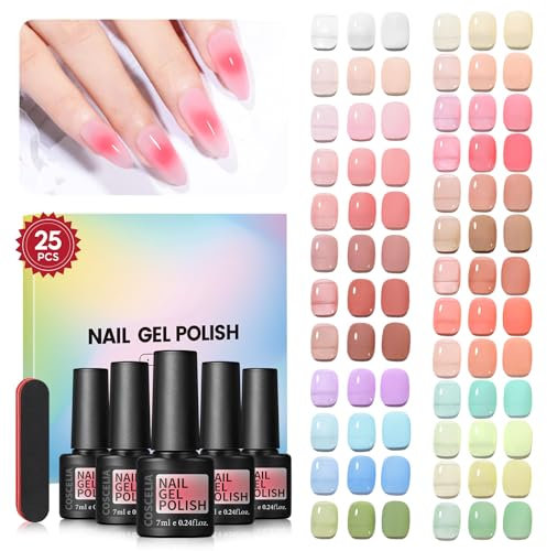 COSCELIA Smalto in Gel per Unghie Smalto Semipermanente 25 Colori Traslucido Unghie Chiaro Rosa Nudo Marrone Blu Verde Unghie Gel e Lima per Unghie DIY Design
