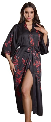Kihnop Women's Floral Kimono Robe Long Satin Robe Long Silk Bathrobe Ladies Kimonos Dressing Gown, One Size