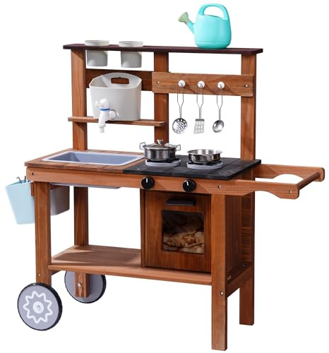 ROBOTIME Mud Kitchen for Kids Outdoor with Wheels, Fun Wooden Kid Kitchen Playset for Backyard Pretend Cooking, Outdoor Sink & Storage, Role Play Toy for Boys and Girls Ages 3+