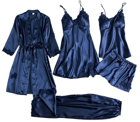 Conjunto de Pijamas para Mujer de Seda satén con Encaje 4 Piezas Bata camisón y Cortos Suave fluida Elegante y Sedosa