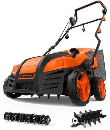 Aspiron Electric Dethatcher Scarifier, 16-Inch 15 Amp Lawn Dethatcher with 5-Position Depth Adjustment, 14.5 Gal Removable Thatch Collection Bag, Quick-Fold, Keeps Lawn Health, Orange