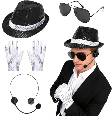 Accessoires de Costume Adultes, Tenue Pailletée pour Homme, 4 Pièces Costumes de Carnaval avec Chapeau Paillette, Lunettes, Microphone Casque Simulation, Gant Argenté, pour Carnaval Halloween