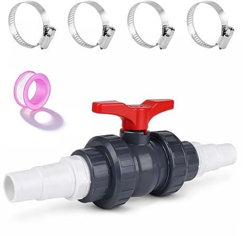 PVC kulventil med slangkontakt 50 mm (1 1/2 tum), poolavstängningskran med 32–38 mm slanganslutning, robust PVC-avstängningsventil inkl. slangklämmor pooladapter poolventil kulventil