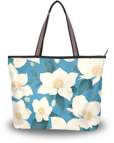 SyXIOP Chic vit Klematis blommor blågrön bakgrund silke tyg dragkedja handväskor för kvinnor bekväm väska berlocker för handväskor varje dag och resor