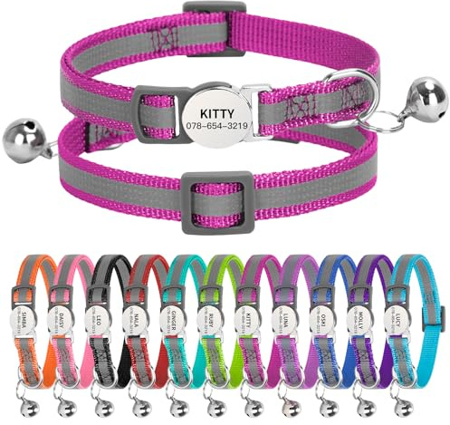 Personligt reflekterande katthalsband med namnetikett, snabbfrigörande kattunge-halsband med klocksäkerhetsspänne, justerbar nylon katthalsband för katter kattungar UK Prime (19–30 cm, rosenröd remsa)