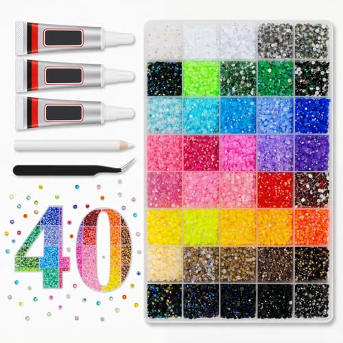 KORVORIA 3mm Geléglitterstenar, 32000 Delars Bedazzler Set i 40 Färger | Platta Strassstenar, med Upptagningspenna och Pincett, Lämpligt för Pyssel, Nagelkonst, Kläder och Ansiktsmålning
