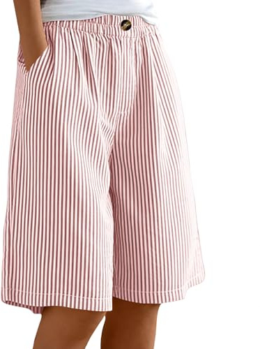 Short en Lin Et Coton Femme Été Chic Imprimé Rayé Shorts Bermuda pour Femmes avec Bouton Jogging Pantalon Court Longueur Genou De Sport en Lin Short Décontracté pour Vacances Plage