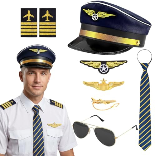 Crittygo Pilot Captain Hat Costume Accessories, 7 Pcs Airline Pilot Fancy Dress Kit with Aviator Hat Badge Tie Glasses, Halloween Captain Cosplay Outfit for Adults