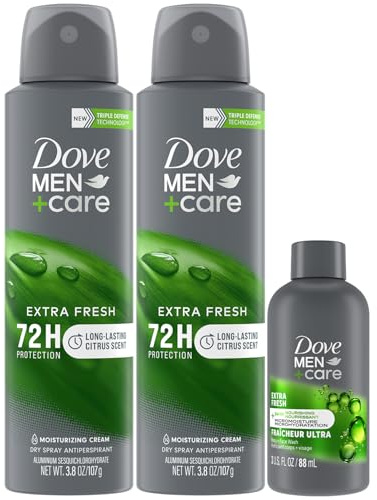 Dove Men+Care Dry Spray Antiperspirant for Men 2-Pack (3.8 Oz Ea) + Travel Body Wash (3 Oz) – 72H Protection, Long-Lasting Extra Fresh Fragrance
