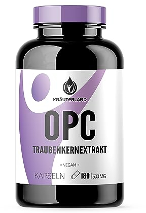 Kräuterland OPC Traubenkernextrakt hochdosiert - 180 Kapseln je 500mg - 950mg Traubenkern OPC pro Tagesdosis - vegan, aus französischen Weintrauben - in Premium Qualität